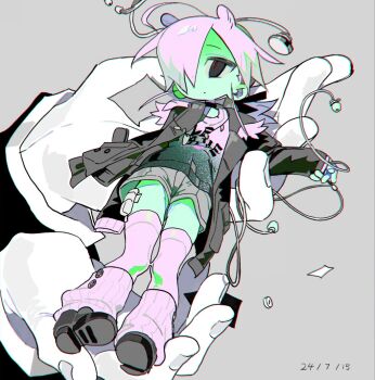 1girl 1other black_eyes black_jacket color_contrast colored_skin dated disembodied_hand earbuds earphones hair_over_one_eye in_palm jacket leg_warmers mini_person minigirl mk1liaoqian original red_pupils shirt shorts thighhighs