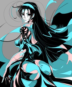 1girl absurdres aqua_theme artist_name blunt_ends cowboy_shot grey_background hairband highres kazama_jun limited_palette long_hair looking_at_viewer looking_back non-web_source official_art solo tekken tekken_8 wolfmarker