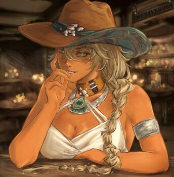 1girl argus_(reverse:1999) armband artist_request bar blonde_hair braid braided_ponytail breasts choker cleavage cowboy_hat cowboy_western dark_skin hat highres huge_breasts indoors jewelry large_breasts looking_at_viewer reverse:1999 smile strap table tan yellow_eyes