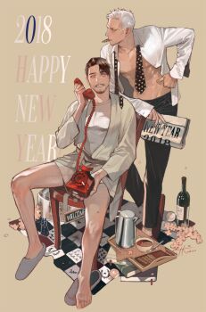 2018 2boys antique_phone beard black_hair black_necktie black_pants book book_stack bottle brown_background cat_ornament chair checkered_blanket coffee_mug coffee_pot collared_shirt ctkcave cup facial_hair flower green_robe grey_slippers hand_on_own_hip happy_new_year holding holding_newspaper holding_phone looking_at_another male_focus mug multiple_boys muscular muscular_male mustache necktie necktie_on_shoulder new_year newspaper old old_man on_chair open_clothes open_robe open_shirt original pants parted_hair phone picnic_blanket robe shirt short_hair simple_background single_bare_foot sitting slippers smile spiked_hair spoon tray white_eyes white_hair white_shirt wine_bottle wooden_chair yellow_flower