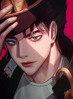 Rule 34 | 1boy, absurdres, adjusting clothes, adjusting headwear, bishounen, black hair, black hat, blue eyes, earrings, fingernails, gakuran, grey shirt, hashtag-only commentary, hat, high collar, highres, hongtami, jewelry, jojo no kimyou na bouken, kuujou joutarou, lips, male focus, peaked cap, school uniform, shirt, solo, stardust crusaders, stud earrings