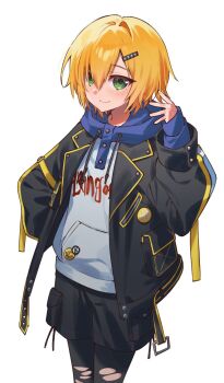 1boy arm_belt badge belt black_belt black_jacket black_leggings black_shorts blonde_hair blue_hood blush button_badge closed_mouth clothes_writing cowboy_shot drawstring green_eyes hair_intakes hair_ornament hair_over_one_eye hairclip hand_in_pocket hand_up highres hood hood_down hoodie jacket lapels layered_sleeves leggings looking_at_viewer loose_belt male_focus nijisanji no_headwear notched_lapels nyaru_(ill_naru) open_belt open_clothes open_jacket pocket print_hoodie short_hair shorts simple_background sleeves_past_wrists solo standing torn_clothes torn_leggings uzuki_kou uzuki_kou_(5th_costume) virtual_youtuber white_background white_hoodie wolf_cut yellow_belt yellow_trim