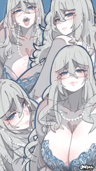 1girl absurdres artist_name blue_background blue_bra blue_eyes bra breasts cleavage closed_mouth collarbone commentary double-parted_bangs earrings english_commentary glasses grey_hair hair_between_eyes half-closed_eyes highres jewelry jrpencil large_breasts long_hair looking_at_viewer mole mole_on_breast multiple_views necklace open_mouth original parted_lips pearl_necklace raised_inner_eyebrows saliva simple_background smile tongue tongue_out underwear underwear_only