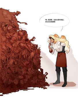 1boy apron black_gloves black_pants blonde_hair butter_roll_cookie chinese_text closed_eyes closed_mouth cookie_run cookie_run:_kingdom curly_hair eldritch_abomination full_body gloves goggles goggles_on_head highres horror_(theme) huashengjiang233 long_hair pants red_apron sidelocks simple_background single_glove smile solo speech_bubble translation_request very_long_hair waist_apron white_background
