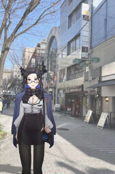 Rule 34 | 1girl, alternate hair length, alternate hairstyle, asymmetrical horns, bag, bag charm, black-framed eyewear, black flower, black hair, black pantyhose, black scarf, black skirt, blue coat, blue hair, blue sky, blush, breasts, building, calicomilkt, character charm, charm (object), city, cleavage, closed mouth, coat, coat on shoulders, colored inner hair, day, demon horns, dress shirt, earrings, feet out of frame, flower, glasses, high-waist skirt, highres, hololive, hololive english, horn flower, horns, jailbird (nerissa ravencroft), jewelry, large breasts, long sleeves, looking at viewer, mole, mole under eye, multicolored hair, necklace, nerissa ravencroft, nerissa ravencroft (casual), office lady, official alternate costume, official alternate hairstyle, outdoors, pantyhose, pencil skirt, photo background, power lines, puffy long sleeves, puffy sleeves, red eyes, scarf, shirt, short hair, shoulder bag, skirt, sky, smile, solo focus, standing, tree, two-tone hair, uneven horns, virtual youtuber, white shirt