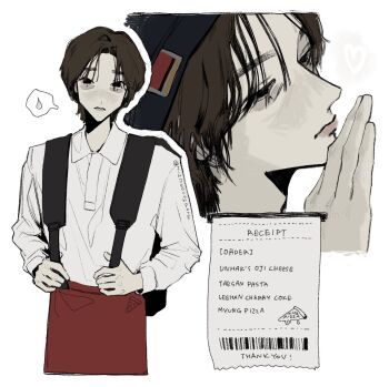 1boy aegyo_sal apron barcode black_eyes black_hat boynextdoor brown_hair closed_mouth collared_shirt commentary cropped_head cropped_legs drawn_heart english_text hand_up hashtag-only_commentary hat highres holding_strap jinjeocompote long_sleeves looking_at_viewer looking_down male_focus multiple_views outline pale_skin parted_bangs raised_inner_eyebrows recipe_(object) red_apron sad shirt spoken_sweatdrop sungho_(boynextdoor) sweatdrop thank_you twitter_username waist_apron white_background white_outline white_shirt wolf_cut