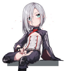 Rule 34 | 1girl, absurdres, aqua eyes, beudelb, chibi, girls&#039; frontline, gloves, grey hair, hair over one eye, highres, looking at viewer, mg5 (girls&#039; frontline), nail polish, red nails, sitting, solo