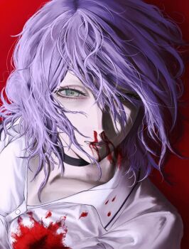1girl black_choker blood blood_from_mouth blood_on_clothes chainsaw_man choker collarbone collared_shirt grey_eyes hair_between_eyes hair_bun hair_over_one_eye half-closed_eyes highres injury medium_hair messy_hair nosebleed otataru0806 parted_lips purple_hair red_background reze_(chainsaw_man) shirt solo updo upper_body white_shirt