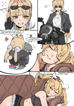 1boy 2girls absurdres against_wall alice_thymefield alternate_costume animal_ears belt book chibi closed_eyes couch dreaming femdom fingerless_gloves flirting gloves heterochromia highres jacket leather leather_jacket light_blush long_hair luciana_de_montefio motor_vehicle motorcycle multiple_girls on_couch shorts smile speech_bubble sunglasses sweat teeth translated twintails yatou_cue zenless_zone_zero