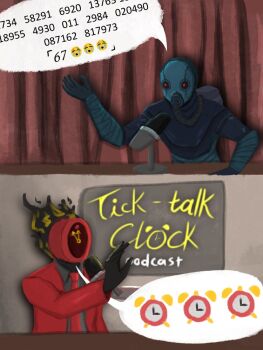 2others 67_(meme) black_gloves black_shirt clock coat collared_shirt commentary dante_(limbus_company) emoji english_commentary fire gas_mask gloves limbus_company mask meme multiple_others necktie object_head podcast project_moon red_coat red_eyes red_necktie senlidoesstuff shirt sweeper_(project_moon)