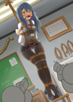 1girl 2others angry arms_behind_back ball_gag bdsm between_breasts between_legs black_pantyhose black_skirt blue_hair blush bondage bound bound_ankles bound_arms bound_breasts bound_legs bound_torso breast_bondage breasts camera chalkboard clenched_hand clothes_lift collared_shirt crotch_rope drooling embarrassed female_focus full_body gag gagged glaring grey_vest hair_between_eyes hair_ornament hairclip hibi_wa_sugiredo_meshi_umashi indoors lanyard long_hair long_sleeves looking_ahead looking_at_another looking_down medium_breasts miniskirt mukanata multicolored_hair multiple_others name_tag office_lady ota_mayumi panties pantyhose pencil_skirt perky_breasts picture_frame purple_hair rope saliva saliva_trail shibari shibari_over_clothes shirt shoes sidelocks skin_tight skindentation skirt skirt_lift solo_focus standing stool suspension swept_bangs tearing_up tears thigh_gap thighs tiptoes two-tone_hair underwear vest video_camera white_panties white_shirt wiffle_gag yellow_eyes