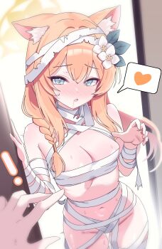1girl animal_ear_fluff animal_ears bandaged_arm bandaged_chest bandaged_head bandaged_leg bandaged_neck bandages bare_shoulders blue_archive blue_eyes blush braid breasts cat_ears cleavage drooling flower groin hair_between_eyes hair_flower hair_ornament halloween halo highres long_hair looking_at_viewer mari_(blue_archive) mummy_costume navel open_mouth orange_hair poko050498 pov single_braid small_breasts thighs yellow_halo