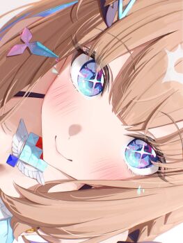 Rule 34 | + +, 1girl, almond eye (umamusume), animal ears, blue eyes, blush, bow, braid, braided sidelocks, breasts, brown hair, cleavage, colored inner hair, hair ornament, hairband, hairclip, highres, horse ears, horse girl, looking at viewer, multicolored hair, saboten mushi, smile, solo, symbol-shaped pupils, too many hair ornaments, umamusume, white background, white hairband, x-shaped pupils