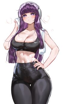 Rule 34 | 1girl, absurdres, black pants, black sports bra, breasts, cleavage, collarbone, commentary, cowboy shot, english commentary, fern (sousou no frieren), foolish potato, hand on own hip, headphones, highres, large breasts, long hair, looking at viewer, midriff, navel, pants, purple eyes, purple hair, purple nails, simple background, solo, sousou no frieren, sports bra, stomach, sweat, towel, towel around neck, very long hair, white background, yoga pants