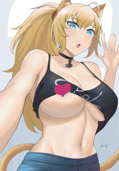 1girl animal_ears aqua_eyes artist_name azuran0 blonde_hair breasts cat_ears cat_girl cat_tail censored commentary commission dated english_commentary heart heart_censor highres huge_breasts long_hair looking_at_viewer navel original ponytail solo tail very_long_hair