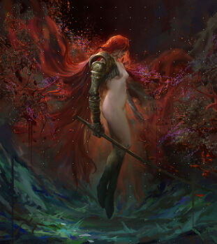 Rule 34 | 1girl, absurdres, armor, breasts, elden ring, floating, from side, gold armor, golden sword, hair flowing over, highres, holding, holding sword, holding weapon, limo, long hair, looking to the side, malenia blade of miquella, malenia goddess of rot, multiple scars, no eyes, no nipples, nude, prosthesis, prosthetic arm, red hair, scar, small breasts, sword, very long hair, weapon