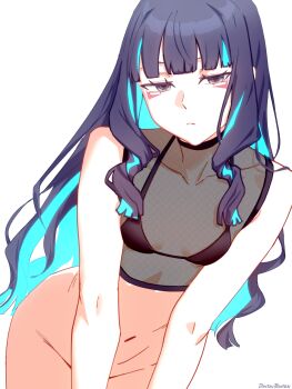 1girl bare_shoulders black_bra black_hair blue_hair bottomless bra breasts collarbone colored_inner_hair dantonphanton eyeliner fate/grand_order fate_(series) grey_eyes highres long_hair looking_at_viewer makeup multicolored_hair navel see-through_clothes shirt sidelocks sleeveless sleeveless_shirt small_breasts tenochtitlan_(fate) underwear