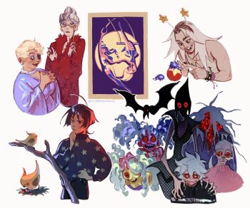 4boys 6+girls aged_down aged_up ahoge alternate_design alternate_hairstyle arataki_itto artist_name backlighting ball beetle bird black_dress black_eyes black_jacket black_nails black_pants black_roots blonde_hair blue_hair blue_sweater blunt_ends bracelet branch bug button_eyes buttons child commentary coraline_(movie) coraline_jones coraline_jones_(cosplay) cosplay cropped_torso curly_hair dottore_(genshin_impact) dress earrings english_commentary enilehtnorevol eyepatch eyeshadow fingernails firefighter_jacket fischl_(genshin_impact) fur_robe hair_bun hairband hand_on_own_chest hand_on_own_chin hand_on_own_hip hands_on_another&#039;s_shoulders highres insect jacket jewelry long_fingernails looking_at_another lorgnette makeup mona_(genshin_impact) multicolored_hair multiple_boys multiple_girls necklace old old_woman other_mother pants parrot parted_bangs parted_lips pearl_earrings pearl_necklace pixie_cut polka_dot polka_dot_dress poster_(object) purple_eyeshadow purple_hair purple_robe raised_eyebrows red_hairband red_robe ring robe roots_(hair) sad scaramouche_(genshin_impact) short_hair single_hair_bun skinny star_(symbol) star_print studded_bracelet sweater tan tank_top tartaglia_(genshin_impact) thinking two-tone_hair white_hair white_tank_top wybie_lovat wybie_lovat_(cosplay)
