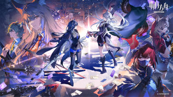 1boy 5girls aiguillette animal_ear_fluff animal_ear_hood animal_ears ara_200117 arknights black_boots black_cape black_coat black_dress black_gloves black_hair black_jacket black_mask black_pantyhose black_tail black_vest blonde_hair blue_gloves blue_necktie blue_shorts bolo_tie boots cape chinese_commentary city closed_mouth coat coat_on_shoulders commentary_request copyright_name copyright_notice cropped_jacket crownslayer_(arknights) dress eirene_lavazza_(arknights) eye_contact eyepatch fake_animal_ears figurino_(arknights) fingerless_gloves fold-over_boots fox_ears fox_girl full_body gloves goggles goggles_around_neck gradient_necktie grey_hair grey_tail hair_between_eyes hair_ornament hairclip highres holding holding_mask holding_sword holding_weapon hood hood_up hooded_jacket jacket knee_boots lappland_(arknights) lappland_the_decadenza_(arknights) long_hair long_sleeves looking_at_another looking_at_viewer mask material_growth mouth_mask multicolored_necktie multiple_girls multiple_swords necktie official_alternate_costume official_art open_clothes open_jacket orange-tinted_eyewear orange_eyes oripathy_lesion_(arknights) pantyhose pantyhose_under_shorts red_cape red_hair red_jacket red_necktie scar scar_across_eye scar_on_face second-party_source shirt short_hair shorts single_shoulder_pad smile stomach sword tail tattoo_choker texas_(arknights) texas_the_omertosa_(arknights) tinted_eyewear torn_clothes torn_necktie two-sided_cape two-sided_fabric two-tone_necktie upper_body very_short_hair vest vulpisfoglia_(arknights) weapon white_boots white_shirt wide_sleeves wolf_brooch wolf_ears wolf_girl wolf_tail