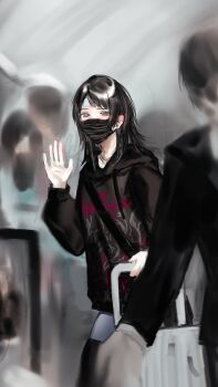 1girl absurdres bang_dream! bang_dream!_it&#039;s_mygo!!!!! black_hair black_hoodie black_mask blue_eyes blush commentary ear_blush feiyu30903448 highres hood hood_down hoodie mask medium_hair mouth_mask open_mouth people rolling_suitcase suitcase symbol-only_commentary waving yahata_umiri