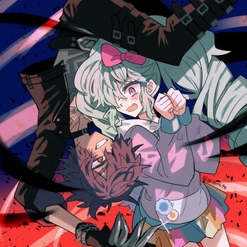 1616note 1boy 1girl belt black_belt black_collar black_gloves black_jacket black_pants blue_hair bow claw_ring collar commentary_request cowboy_shot dark-skinned_male dark_skin drill_hair evil_grin evil_smile floating gloves grin hair_bow hair_over_one_eye hands_up hood hoodie idol_land_pripara jacket katasumi_amari long_hair long_sleeves looking_at_another mario_(pripara) open_mouth own_hands_together pants pink_bow pink_eyes pretty_series pripara purple_hoodie rainbow_skirt red_eyes short_hair smile standing sweatdrop twin_drills twintails upside-down