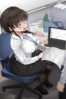 1boy 1girl binder black_high_heels black_pants black_pantyhose black_skirt breasts brown_eyes brown_hair brown_scrunchie calendar_(object) cellphone chair collared_shirt commentary_request computer desk flanvia frown glasses grey-framed_eyewear hair_ornament hair_scrunchie highres holding holding_paper iphone lanyard laptop large_breasts long_hair long_sleeves marker mini_christmas_tree office office_lady on_chair open_mouth original paid_reward_available pants pantyhose paper pencil_skirt phone picture_frame scrunchie shirt sidelocks sitting skirt smartphone solo_focus standing swivel_chair teeth tongue white_shirt whiteboard
