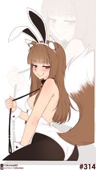 1girl absurdres animal_ear_fluff animal_ears ass bare_back black_pantyhose blunt_bangs blush breasts brown_hair clenched_teeth commentary english_commentary fake_animal_ears highres holding holding_leash holo leash leotard lifting_own_clothes likunea long_hair looking_at_viewer medium_breasts pantyhose patreon_logo patreon_username red_eyes smile spice_and_wolf tail teeth twitter_username white_background white_leotard wolf_ears wolf_girl wolf_tail zoom_layer