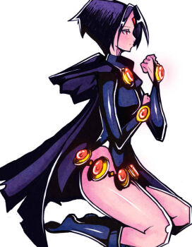1girl animification belt bindi boots bridal_gauntlets cape cloak dc_comics female_focus flying forehead_jewel from_side frown leotard purple_hair raven_(dc) short_hair sitting sleeved_leotard solo teen_titans white_background zxc