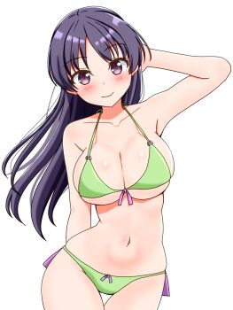 Rule 34 | 1girl, absurdres, arm at side, arm up, bare arms, bare shoulders, bikini, blush, breasts, cleavage, closed mouth, collarbone, cowboy shot, green bikini, halterneck, hand on own head, highres, large breasts, long hair, looking at viewer, navel, purple eyes, purple hair, renny (seraphyfether), saki (manga), shimizudani ryuuka, simple background, smile, solo, stomach, straight hair, string bikini, swimsuit, thigh gap, white background, wide hips
