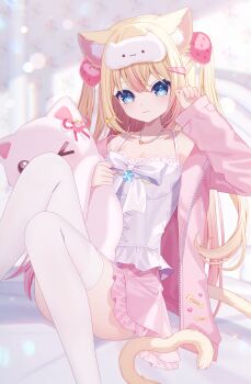 1girl :3 absurdres animal_ear_fluff animal_ears arm_up blonde_hair blue_eyes camisole cat_ears cat_girl cat_tail commentary_request commission food-themed_hair_ornament frilled_camisole frilled_skirt frills hair_ornament highres holding holding_stuffed_toy indie_virtual_youtuber jacket jewelry looking_at_viewer necklace on_bed pearl_necklace pink_jacket sapphire_(sapphire25252) skeb_commission skirt sleep_mask solo strawberry_hair_ornament stuffed_animal stuffed_toy tail thighhighs two_side_up virtual_youtuber white_thighhighs zettai_ryouiki