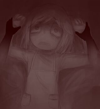 1girl absurdres bags_under_eyes bed_sheet highres horror_(theme) implied_rape looking_at_viewer mentha_(menthalovely) mint_(menthalovely) open_mouth original overalls red_theme restrained shaded_face short_hair solo sweat sweater tears turtleneck turtleneck_sweater wavy_mouth wide-eyed