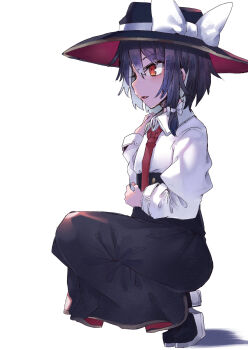 1girl absurdres alternate_eye_color black_hair black_hat black_shoes black_skirt bow collar hair_between_eyes hair_bow hand_on_own_shoulder hat hat_bow highres long_sleeves muraryo necktie open_mouth orange_eyes shadow shirt shoes short_hair simple_background skirt sleeve_cuffs solo touhou usami_renko white_background white_bow white_collar white_shirt