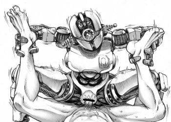 1boy 1girl amazon_position ankle_grab assaultron bar_censor censored clitoral_hood double_deck fallout fallout_4 feet_out_of_frame greyscale head_tilt hetero highres kl-e-0 looking_at_viewer monochrome pov pov_crotch pussy pussy_juice robophilia robot robot_ears robot_girl sex simple_background single_eye squatting sweat vaginal white_background