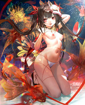 1girl absurdres black_hair black_shoes breasts commentary_request fireworks fish fox_mask full_body goldfish hair_ribbon highres honkai:_star_rail honkai_(series) jin_sumire kneeling linea_alba long_hair mask mask_on_head navel nipples open_mouth panties red_eyes red_ribbon ribbon shoes small_breasts solo sparkle_(honkai:_star_rail) string topless_female twintails underwear very_long_hair white_panties