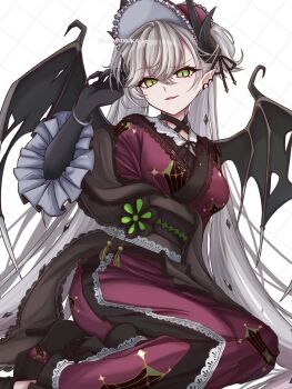 1girl black_hands breasts choker colored_extremities crossed_bangs demon_girl demon_horns demon_wings ear_piercing fate/grand_order fate_(series) frilled_hairband frills green_eyes grey_hair hair_between_eyes hairband highres horns japanese_clothes kawairuka_ko kimono lilith_(fate) lilith_(kyomaf_2025)_(fate) long_hair looking_at_viewer medium_breasts obi parted_lips piercing pointy_ears purple_kimono revision sash smile solo twintails very_long_hair wings