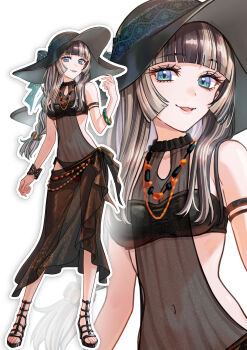 1girl absurdres azusamaru bikini black_bikini black_hair blue_eyes bracelet braid grey_hair hashtag-only_commentary hat highres hololive hololive_dev_is jewelry juufuutei_raden long_hair multicolored_hair navel necklace sandals sarong sun_hat swimsuit two-tone_hair virtual_youtuber