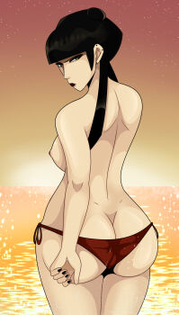 1girl annoyed ass avatar:_the_last_airbender avatar_legends bikini bikini_bottom_only black_hair black_lips black_nails breasts double_bun ear_piercing from_behind hair_bun large_breasts long_hair looking_at_viewer looking_back mai_(avatar) nail_polish nickelodeon nipples ocean orange_sky pale_skin piercing red_bikini side-tie_bikini_bottom sky sonson-sensei standing star_(sky) starry_sky sunset swimsuit topless_female twintails water wet yellow_eyes