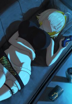 1girl absurdres ahoge blonde_hair breasts can closed_eyes clothes_pull commentary controller couch crop_top drink_can elegg_(nikke) game_controller goddess_of_victory:_nikke hair_over_one_eye highres holding holding_controller holding_game_controller indoors large_breasts lying navel on_back on_couch panties short_hair short_shorts shorts shorts_pull sleeping solo soondi stomach thigh_strap thighs underwear white_panties white_shorts