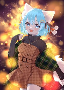 Rule 34 | 1girl, :3, :d, animal ear fluff, animal ears, blue eyes, blue hair, christmas, christmas tree, colored skin, commentary, dress, english commentary, hair ornament, hairclip, highres, indie virtual youtuber, jewelry, mst2020, necklace, open mouth, plaid clothes, pom pom (clothes), pom pom hair ornament, second-party source, sleeves past wrists, smile, solo, sweater, tail, virtual youtuber, wolf ears, wolf girl, wolf tail, wolfychu, x hair ornament