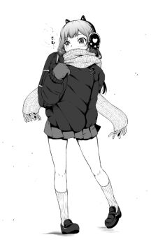 1girl animal_ear_headphones animal_ears ankle_socks bag breath carrying_over_shoulder cat_ear_headphones cat_ears commentary_request covered_mouth expressionless eyelashes fake_animal_ears fringe_trim full_body gloves greyscale headphones heart heart_print holding holding_bag knees light_blush long_hair long_sleeves looking_ahead microskirt monochrome original pleated_skirt puffy_long_sleeves puffy_sleeves scarf school_bag shadow shoes short_shorts shorts shorts_under_skirt simple_background skirt socks solo standing striped_clothes striped_socks sweater tareme tsukineko uwabaki vertical-striped_clothes vertical-striped_socks white_background winter