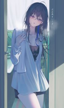 absurdres black_hair black_shirt black_shorts breasts choker cleavage commentary_request cowboy_shot hair_between_eyes hand_up haru_(haru83380282) highres ichinose_uruha indoors long_bangs long_hair long_shirt long_sleeves looking_at_viewer multicolored_hair no_nose open_clothes open_shirt parted_lips pink_eyes see-through_clothes see-through_shirt shirt short_shorts shorts standing steam streaked_hair towel towel_on_one_shoulder translation_request virtual_youtuber vspo! white_shirt