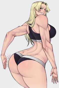 1girl absurdres ass bare_shoulders blonde_hair female_focus highres jujutsu_kaisen limn044 looking_at_viewer panties parted_bangs red_eyes simple_background slapping solo solo_focus sports_bra standing teeth toned toned_female tsukumo_yuki_(jujutsu_kaisen) underwear white_background