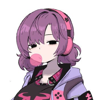 1girl bags_under_eyes black_eyes blowing_bubbles chewing_gum headphones headset kms2605 original purple_hair shirt short_hair solo upper_body white_background