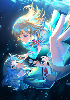 Rule 34 | 2girls, absurdres, blonde hair, blue eyes, blue hoodie, blue streaks, brown coat, closed mouth, coat, collared shirt, commentary, english commentary, fluffycatfish, gawr gura, gawr gura (1st costume), grey hair, highres, hololive, hololive english, hood, hoodie, light smile, long sleeves, looking at another, medium hair, multiple girls, necktie, no pants, parted lips, pocket watch, red necktie, shark girl, shirt, shoes, short necktie, sneakers, two side up, underwater, virtual youtuber, watch, watson amelia, watson amelia (1st costume), white shirt, white shoes, wide sleeves