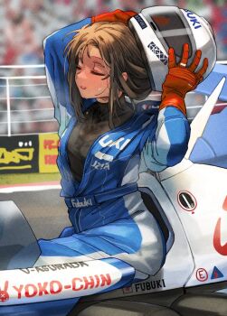 1girl black_hair brand_name_imitation car character_name closed_eyes clothes_writing ergot fubuki_(kancolle) fubuki_(racecar_driver)_(kancolle) future_gpx_cyber_formula gloves helmet holding holding_unworn_helmet kantai_collection long_sleeves motor_vehicle official_alternate_costume open_mouth race_vehicle racecar racing_suit red_gloves short_hair solo unworn_helmet