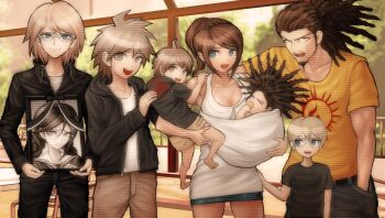 1girl 6+boys asahina_aoi baby beard black_bow blonde_hair blue_eyes bow braid breasts brown_eyes brown_hair chair cleavage commentary danganronpa:_trigger_happy_havoc danganronpa_(series) english_commentary facial_hair fukawa_toko game_cg glasses hagakure_yasuhiro hand_in_pocket hood hoodie iei komatsuzaki_rui multiple_boys naegi_makoto official_art open_mouth pacifier sailor_collar scanlines shorts smile standing tank_top third-party_source toddler togami_byakuya twin_braids