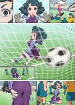 1girl ass ball blue_eyes blurry blurry_foreground blush breasts gloves goalkeeper grass green_hair highres inazuma_eleven_(series) kicking legs looking_at_another medium_hair multiple_views muramura_hito open_mouth outdoors pussy_juice sequential shorts sitting small_breasts smile soccer soccer_ball soccer_uniform sportswear standing thighs trembling umihara_norika wet wet_clothes