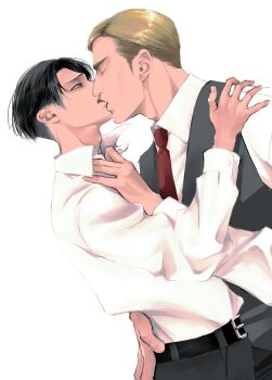 2boys adam's_apple arm_up belt belt_buckle black_belt black_hair blonde_hair buckle closed_eyes collared_shirt commentary_request cowboy_shot dutch_angle erwin_smith formal_clothes grey_pants grey_vest harurunhol highres levi_(shingeki_no_kyojin) looking_at_another male_focus medium_sideburns multiple_boys necktie open_collar open_mouth pants parted_hair red_necktie shingeki_no_kyojin shirt shirt_tucked_in short_hair sideburns simple_background vest white_background white_shirt wing_collar yaoi