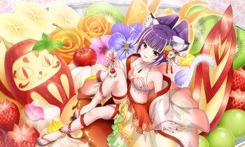 1girl animal_ear_fluff animal_ears apple apple_slice arm_support artist_request banana banana_slice bare_shoulders blunt_bangs bow-shaped_hair cat_ears cat_girl cat_tail cherry crop_top darudayu_(show_by_rock!!) daruma_doll eyeshadow flower food food-themed_hair_ornament frilled_skirt frills from_above fruit fruit_hair_ornament full_body grapes hair_flower hair_ornament hair_stick hibiscus holding holding_spoon in_food kiwi_(fruit) knee_up leaf leg_wrap lens_flare looking_at_viewer makeup multicolored_hair nail_polish navel official_art open_mouth purple_hair red_eyeshadow red_nails red_ribbon red_skirt red_trim ribbon sandals short_hair show_by_rock!! sitting skirt smile solo sparkle spoon strawberry streaked_hair tail tassel tassel_hair_ornament third-party_source toenail_polish toenails whipped_cream yellow_eyes yellow_skirt
