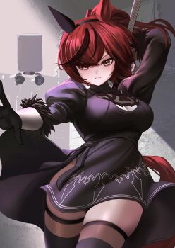 1girl 2b_(nier:automata) 2b_(nier:automata)_(cosplay) animal_ears black_dress black_gloves black_hairband black_thighhighs breasts brown_eyes brown_hair cleavage cleavage_cutout closed_mouth clothing_cutout cosplay dress ear_covers feather-trimmed_sleeves feather_trim gloves hairband highres horse_ears horse_girl horse_tail hoshikuzu_kizuna_(kizuna_stardust) juliet_sleeves large_breasts long_sleeves looking_at_viewer multicolored_hair nice_nature_(umamusume) nier:automata nier_(series) no_blindfold ponytail puffy_sleeves single_ear_cover solo streaked_hair sword tail thighhighs umamusume weapon